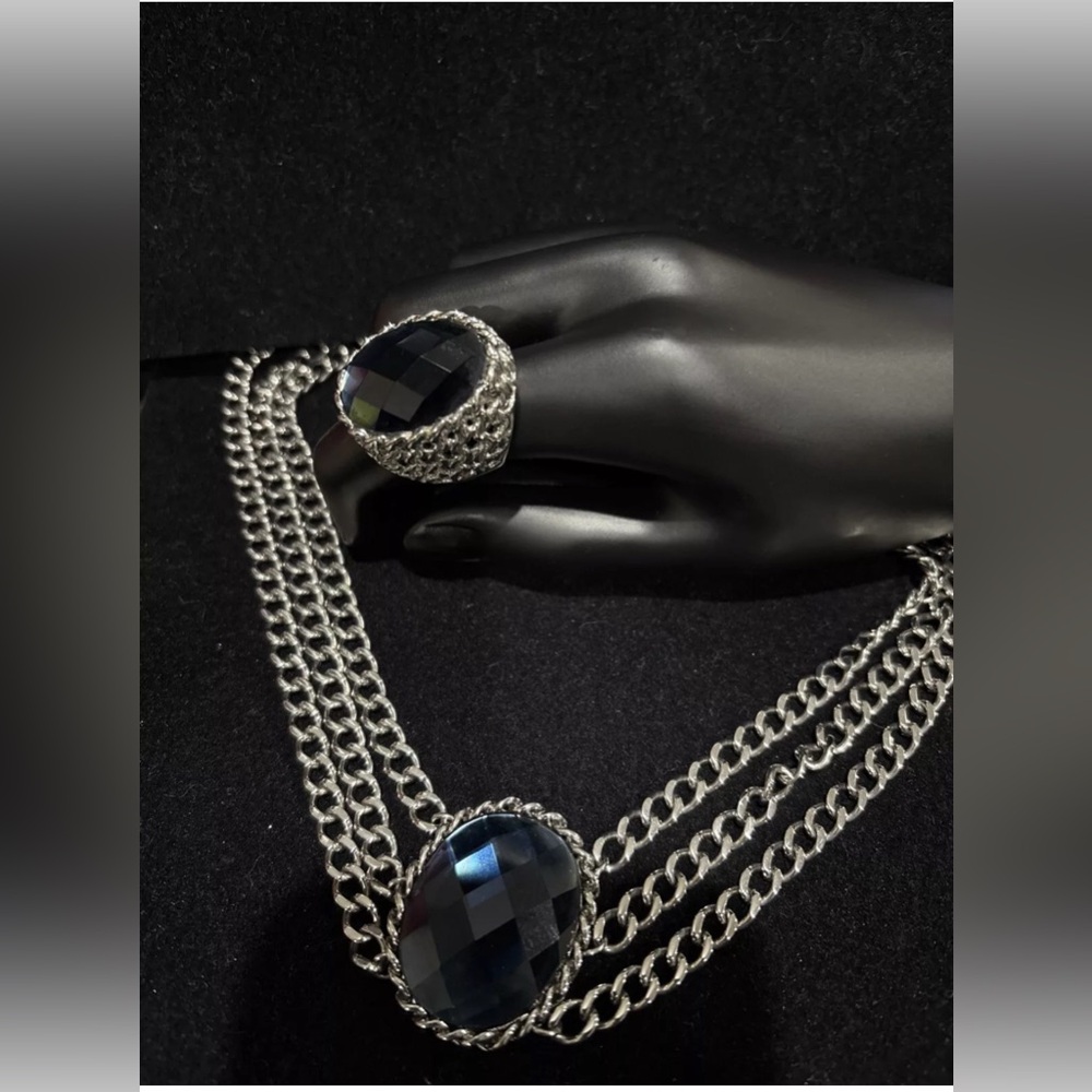 PJM Large Sapphire silver tone Colored Stone Multi strand Necklace & Ring sz 8